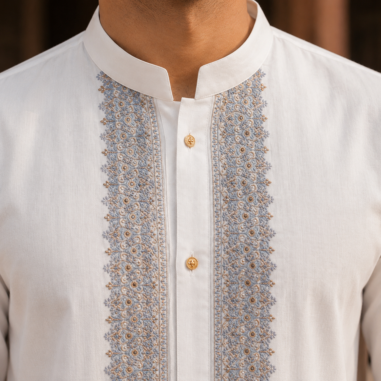 STITCHED - White Pure Cotton Kurta Shalwar with Sky Blue Kashmiri Embroidery (FKH-CTK02)
