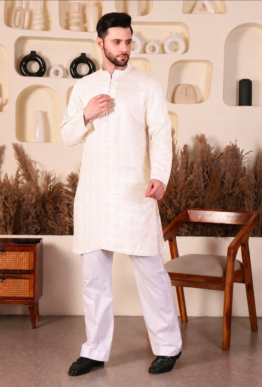 LAWN COTTON SHORT KURTA SET - WHITE COLOUR