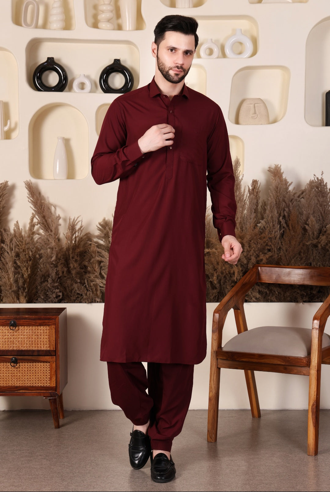 DESIGNER  ROUND COLLAR PATHANI - MAROON COLOUR