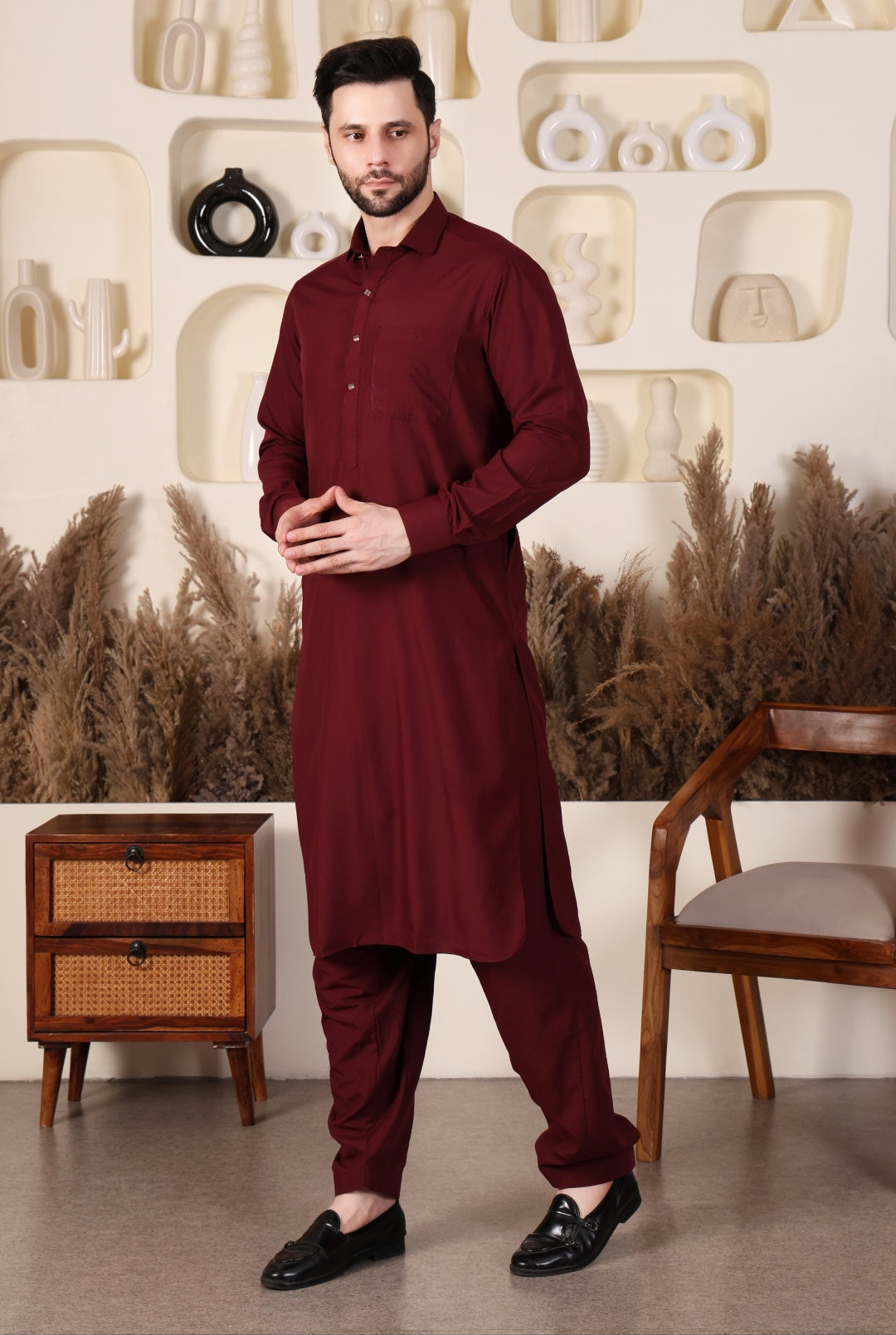 DESIGNER  ROUND COLLAR PATHANI - MAROON COLOUR
