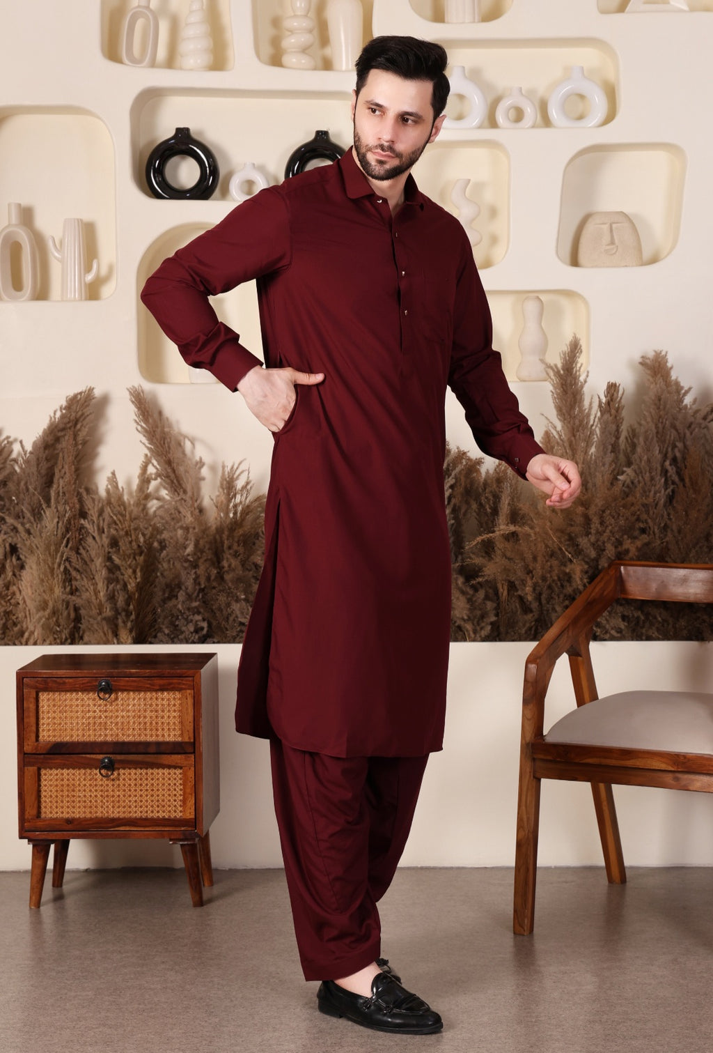 DESIGNER  ROUND COLLAR PATHANI - MAROON COLOUR