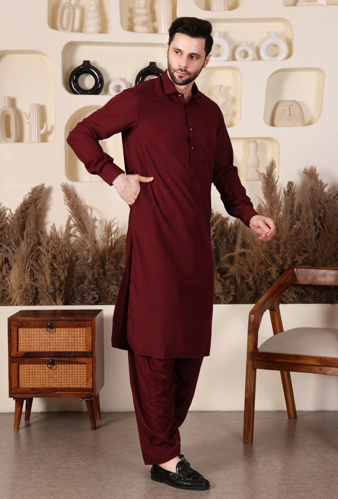 DESIGNER  ROUND COLLAR PATHANI - MAROON COLOUR