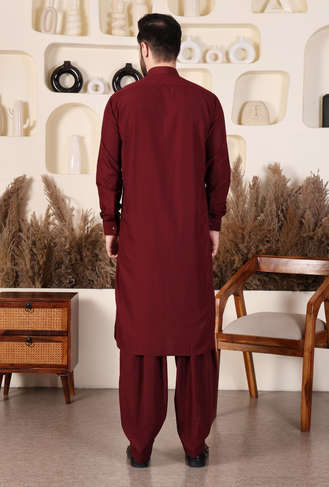 DESIGNER  ROUND COLLAR PATHANI - MAROON COLOUR