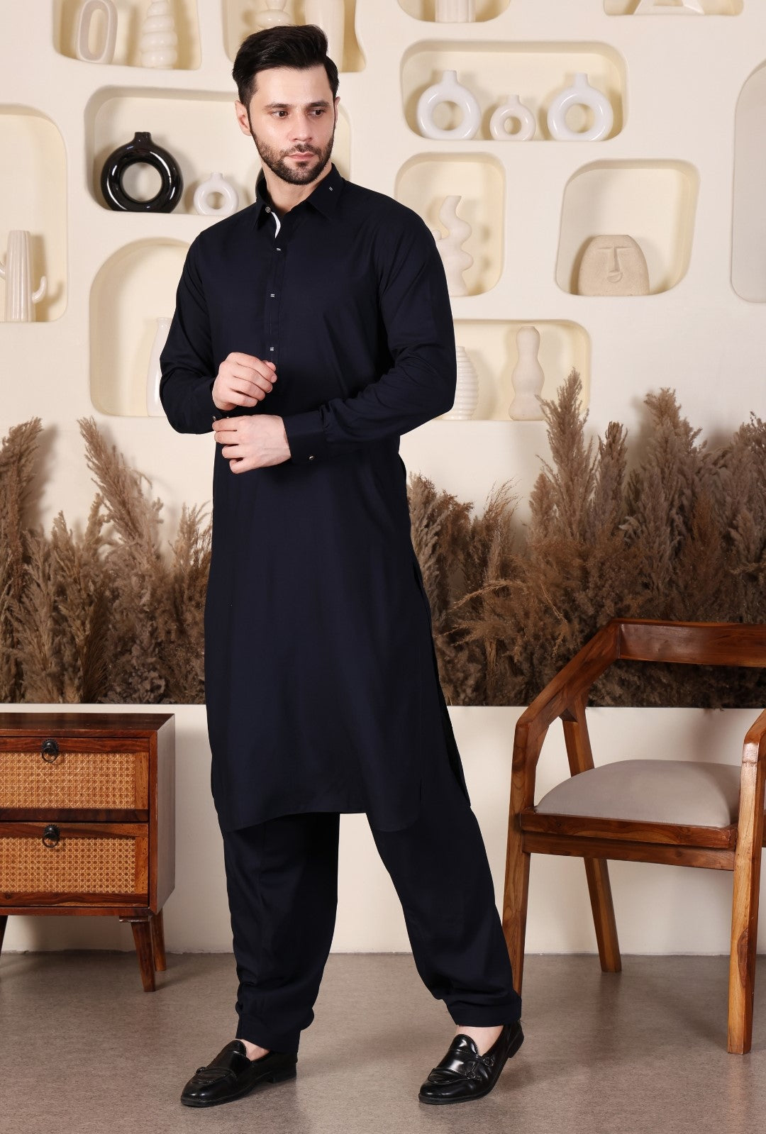 DESIGNER COLLAR PATHANI-NAVY BLUE