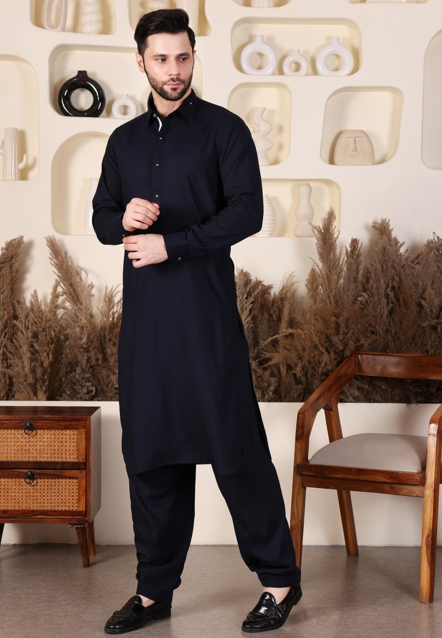 DESIGNER COLLAR PATHANI-NAVY BLUE