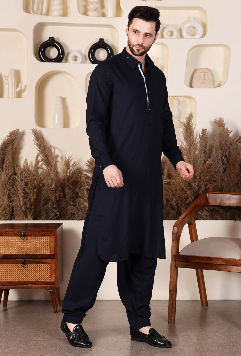 DESIGNER COLLAR PATHANI-NAVY BLUE