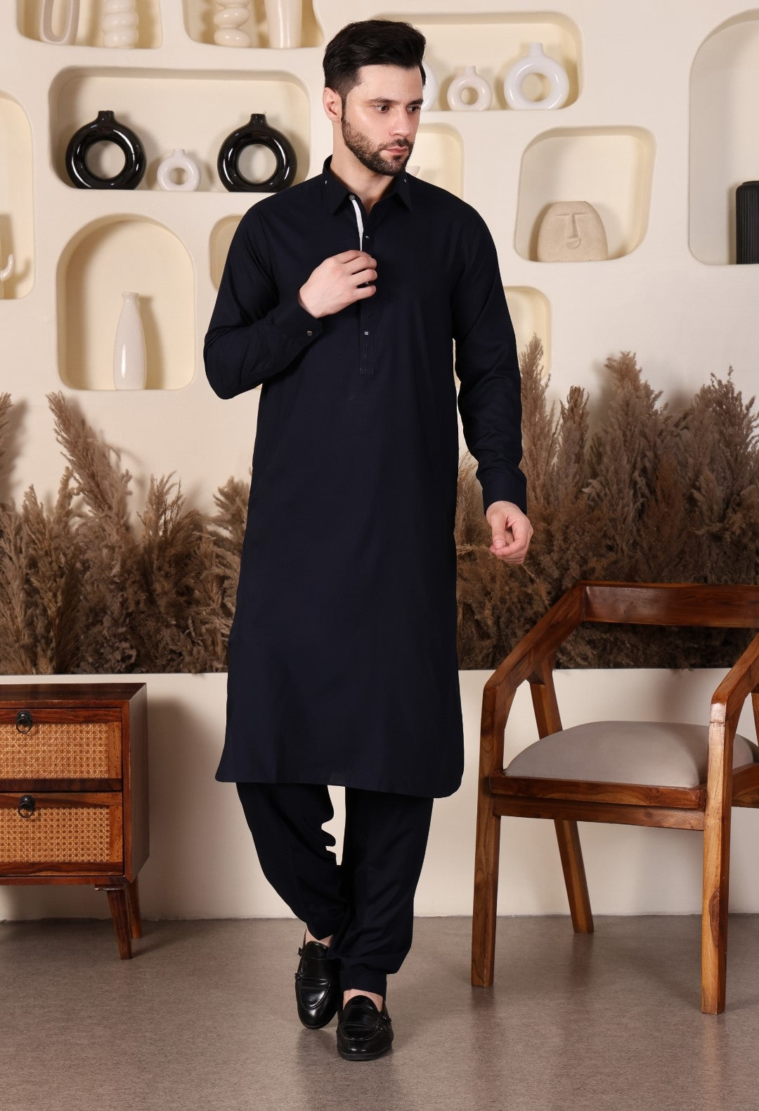 DESIGNER COLLAR PATHANI-NAVY BLUE