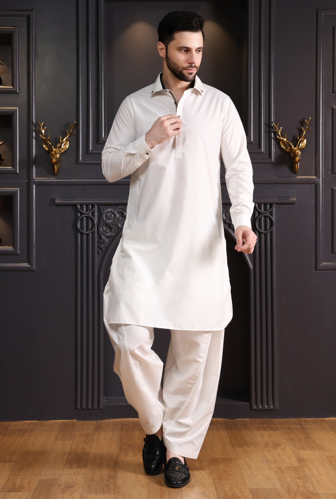 DESIGNER PATHANI DOUBLE COLLAR-OFF WHITE
