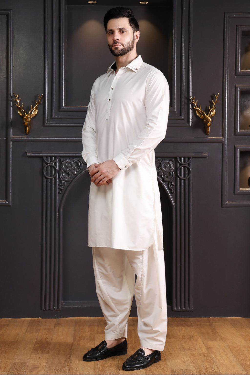 DESIGNER PATHANI DOUBLE COLLAR-OFF WHITE