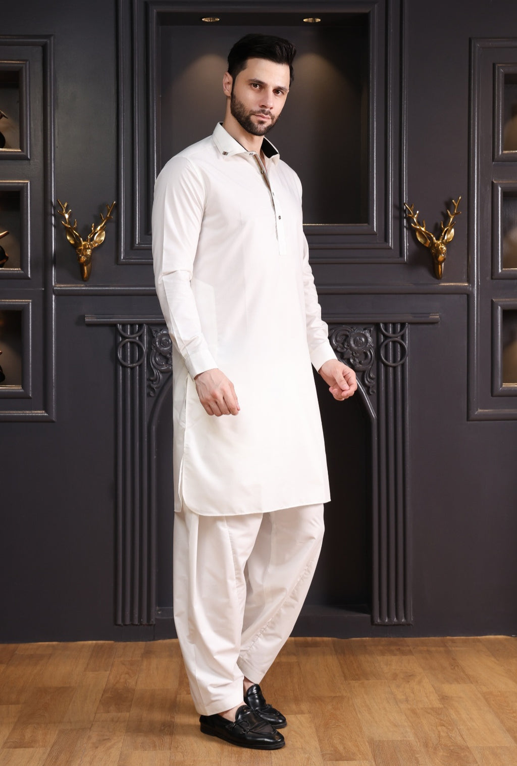 DESIGNER PATHANI DOUBLE COLLAR-OFF WHITE