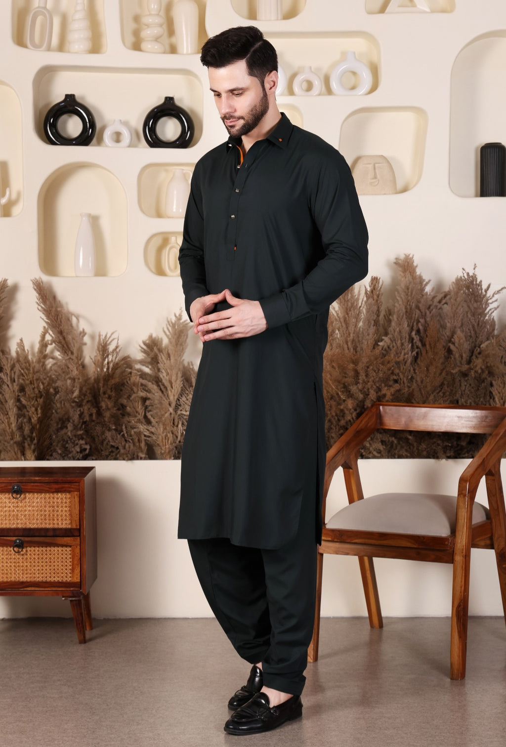 DESIGNER DOUBLE COLLAR PATHANI - OLIVE GREEN