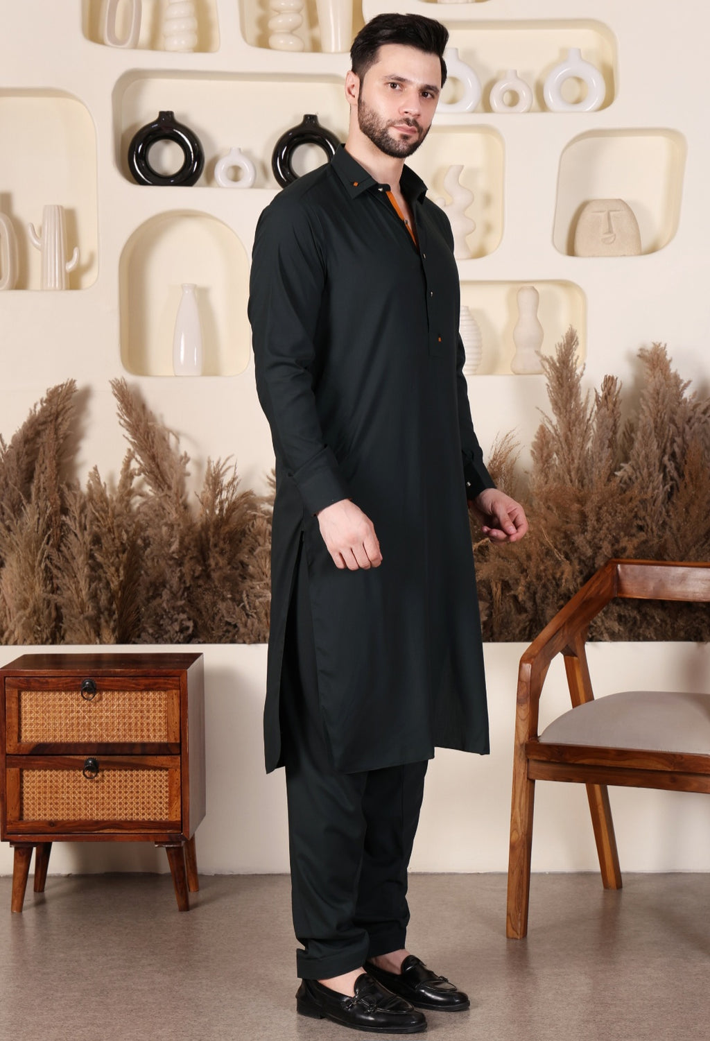 DESIGNER DOUBLE COLLAR PATHANI - OLIVE GREEN