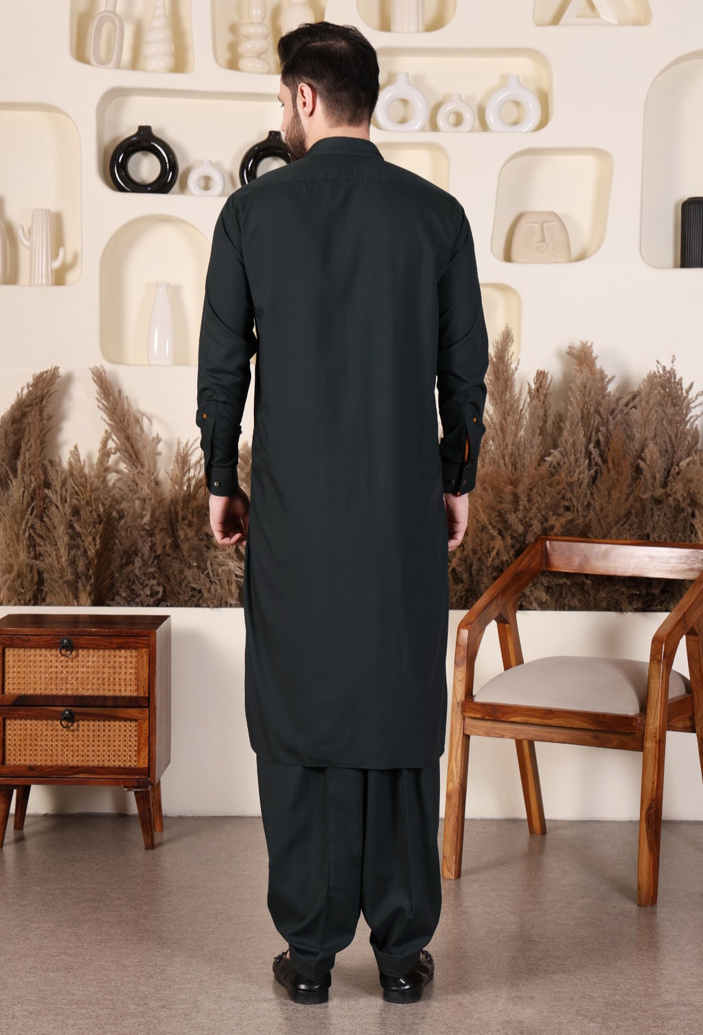 DESIGNER DOUBLE COLLAR PATHANI - OLIVE GREEN