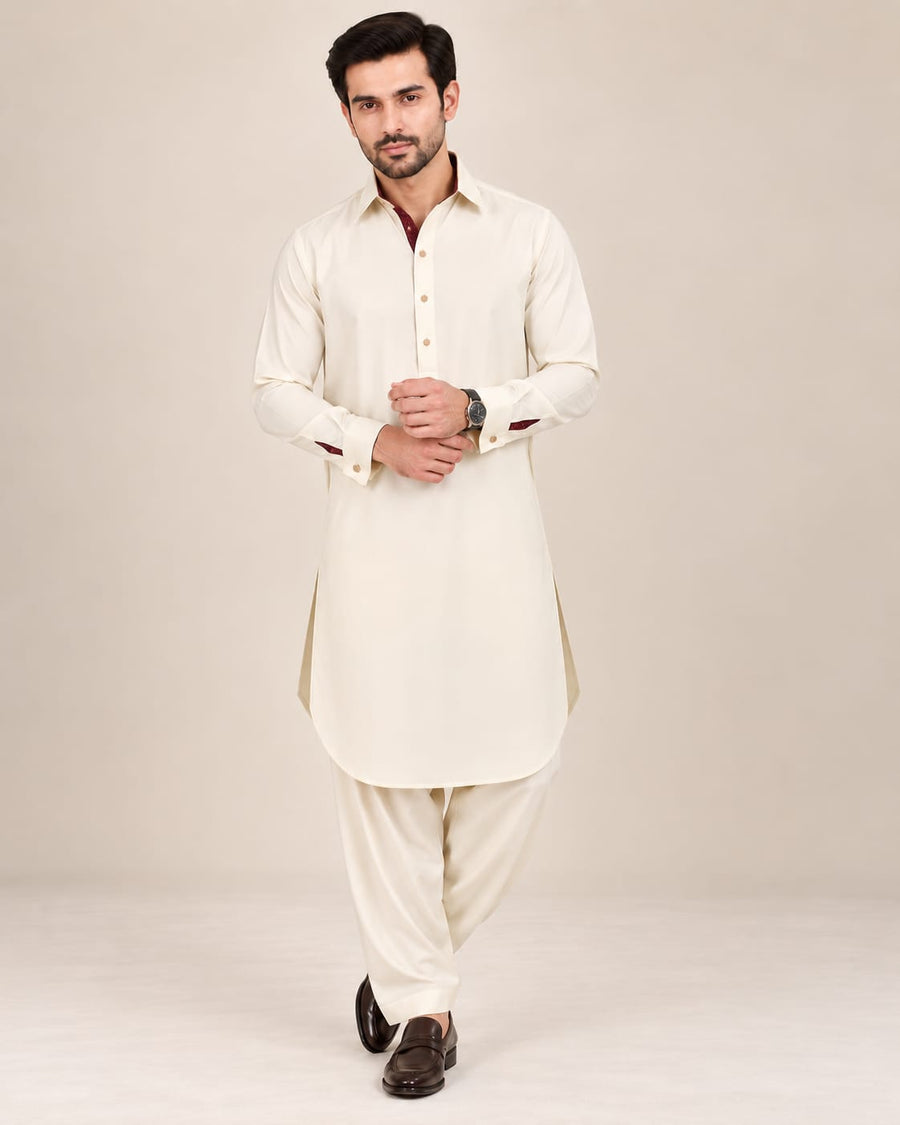 DESIGNER PASHTOON FABRIC PATHANI WITH PLACKET - CREAM COLOUR