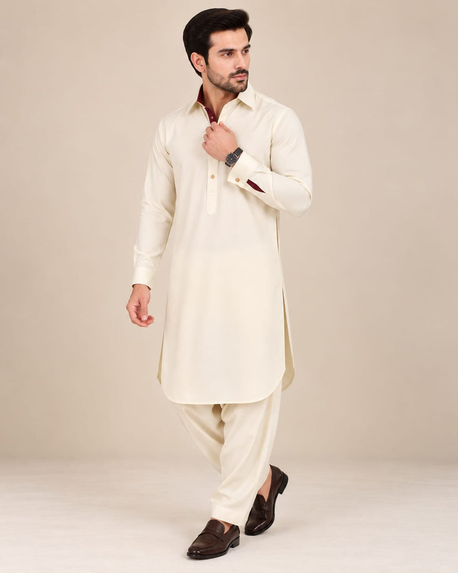 DESIGNER PASHTOON FABRIC PATHANI WITH PLACKET - CREAM COLOUR