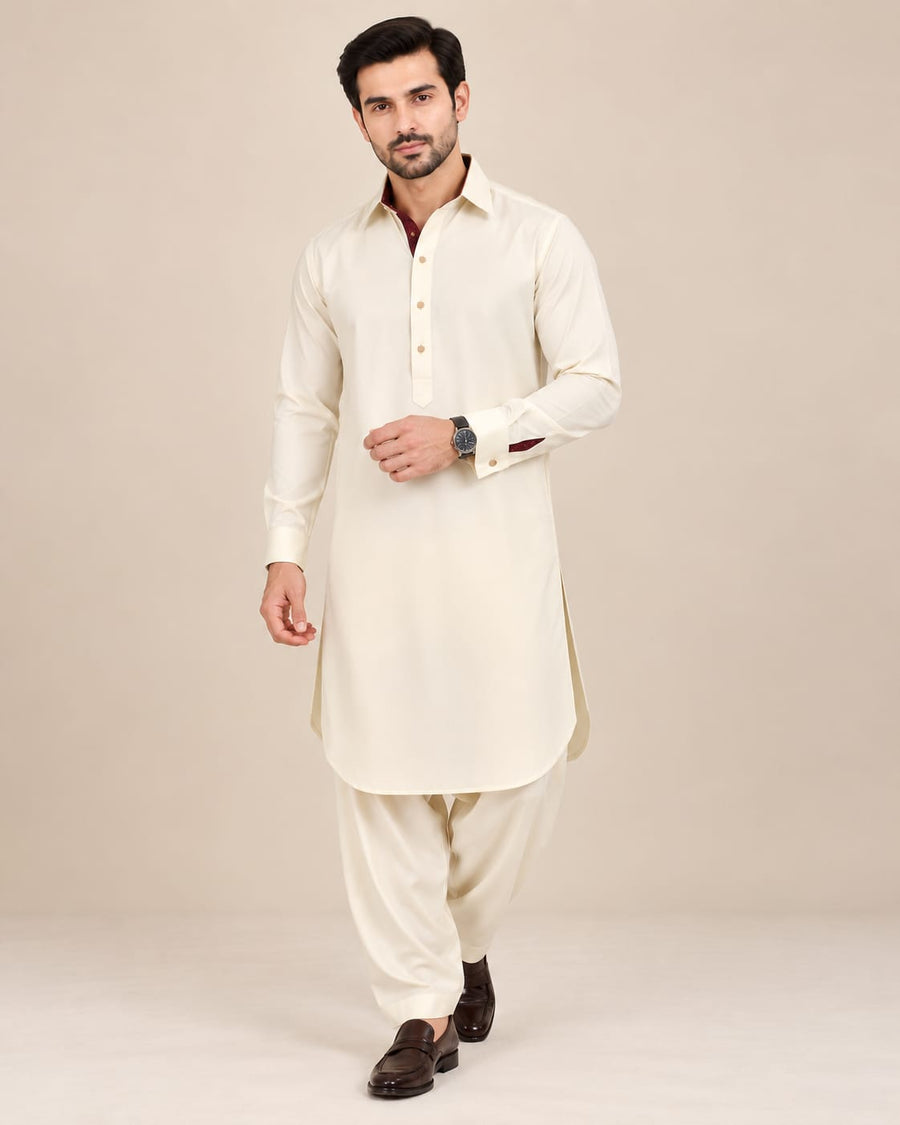 DESIGNER PASHTOON FABRIC PATHANI WITH PLACKET - CREAM COLOUR