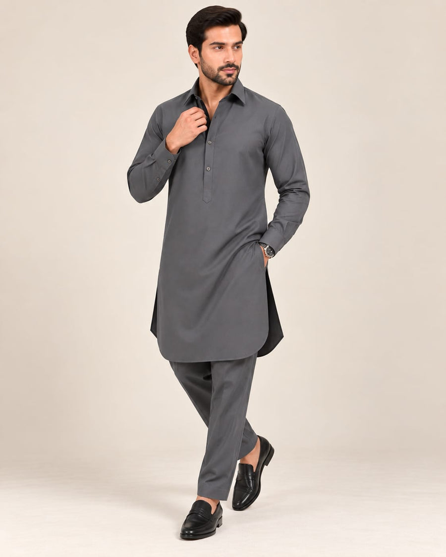 DESIGNER PASHTOON FABRIC PATHANI WITH PLACKET - ASH GREY