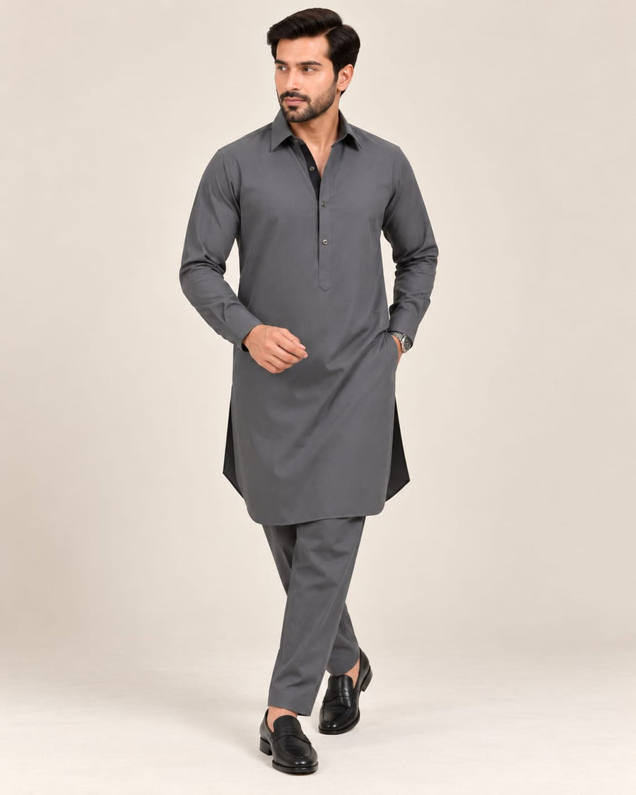 DESIGNER PASHTOON FABRIC PATHANI WITH PLACKET - ASH GREY