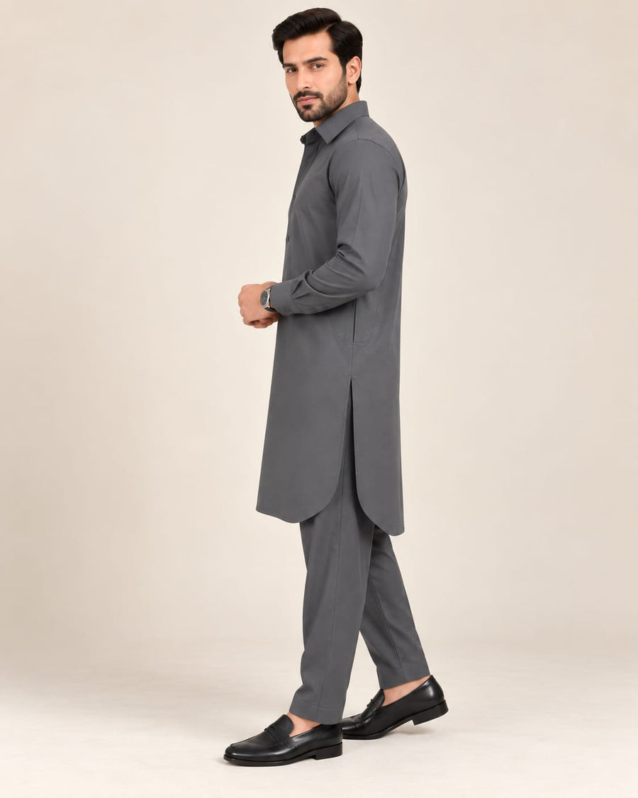 DESIGNER PASHTOON FABRIC PATHANI WITH PLACKET - ASH GREY