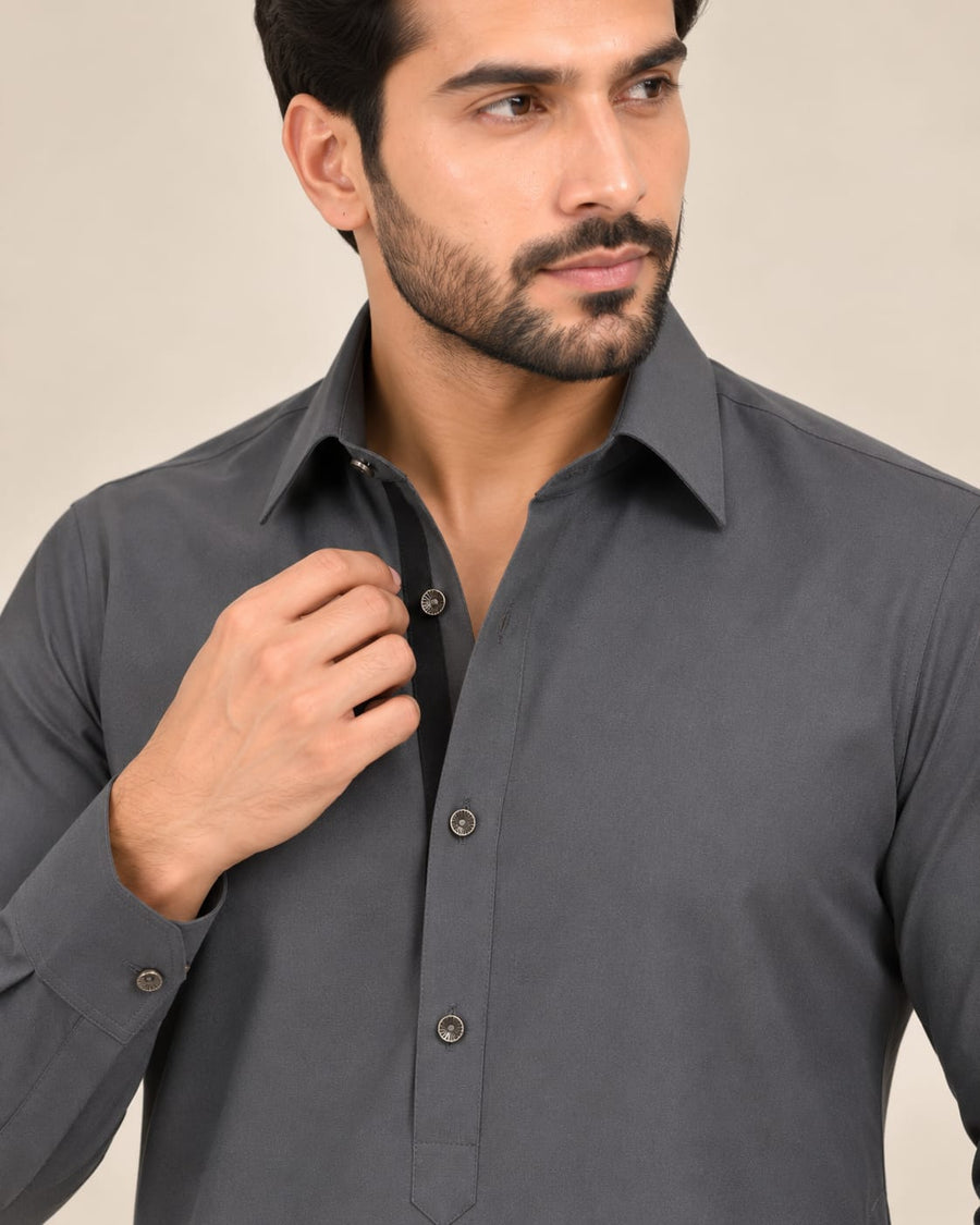 DESIGNER PASHTOON FABRIC PATHANI WITH PLACKET - ASH GREY
