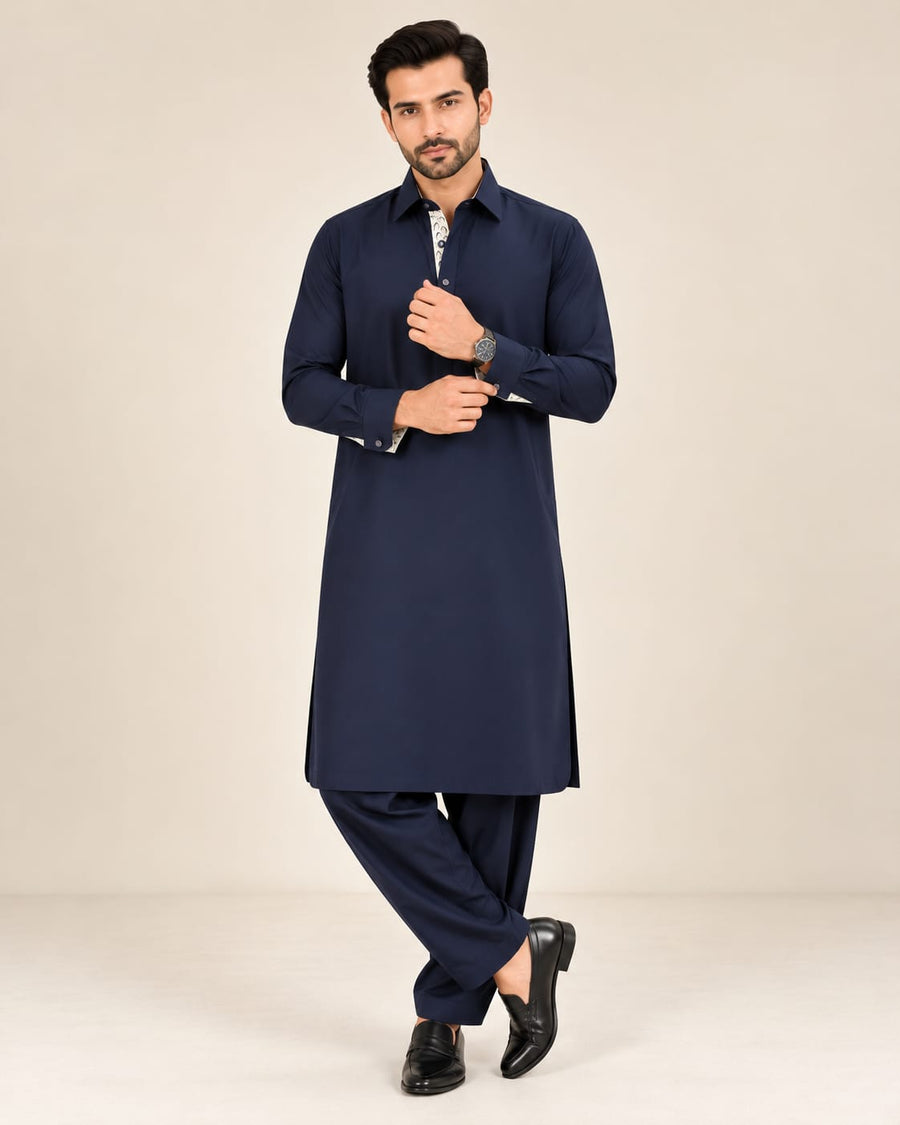 DESIGNER PASHTOON FABRIC PATHANI WITH PLACKET - NAVY BLUE