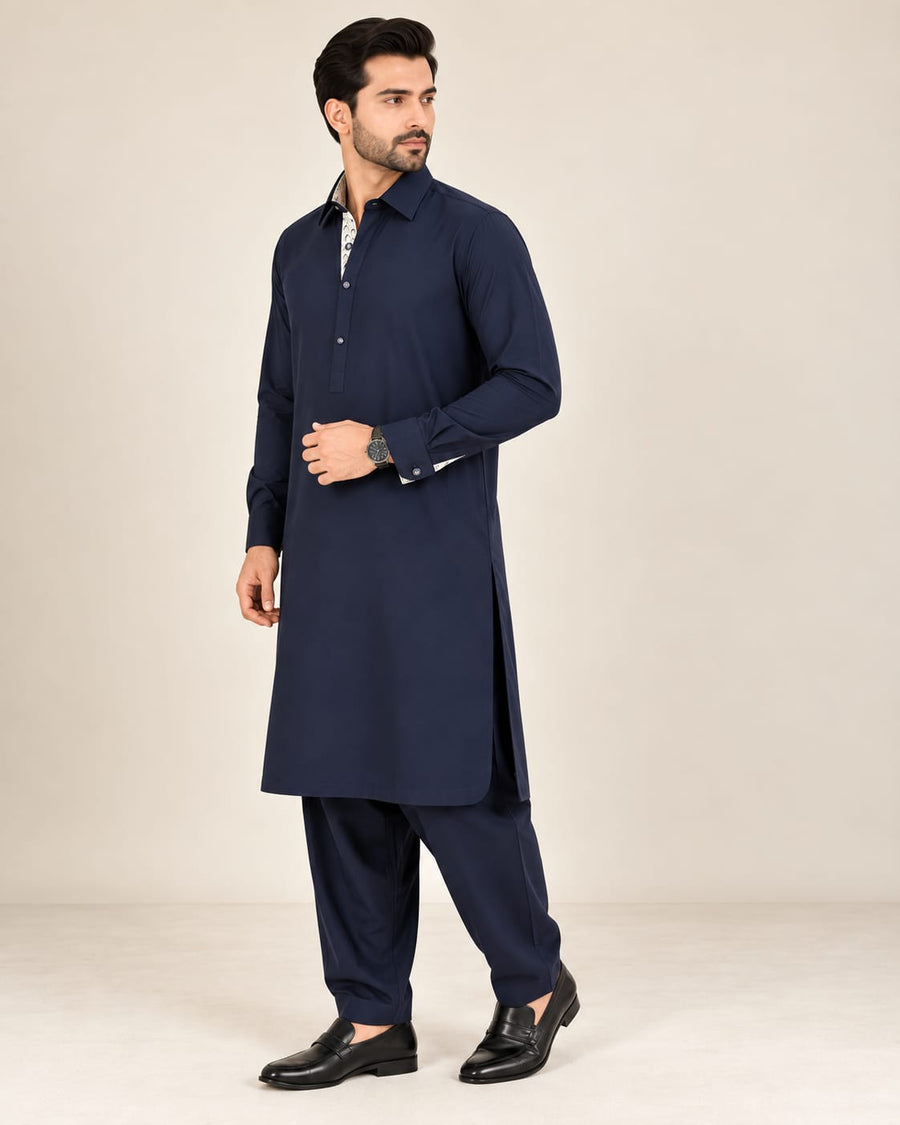 DESIGNER PASHTOON FABRIC PATHANI WITH PLACKET - NAVY BLUE