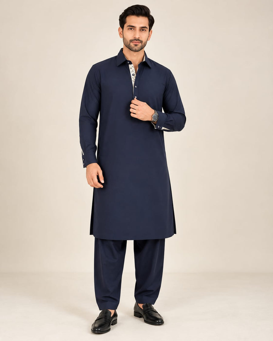 DESIGNER PASHTOON FABRIC PATHANI WITH PLACKET - NAVY BLUE