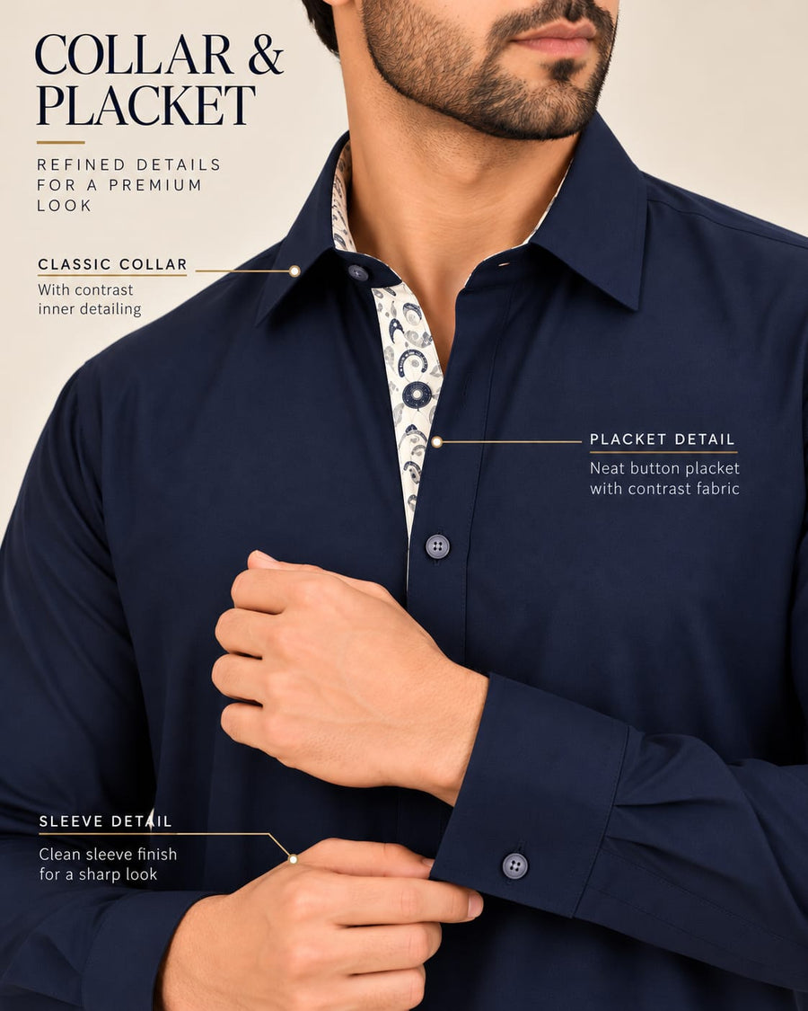 DESIGNER PASHTOON FABRIC PATHANI WITH PLACKET - NAVY BLUE