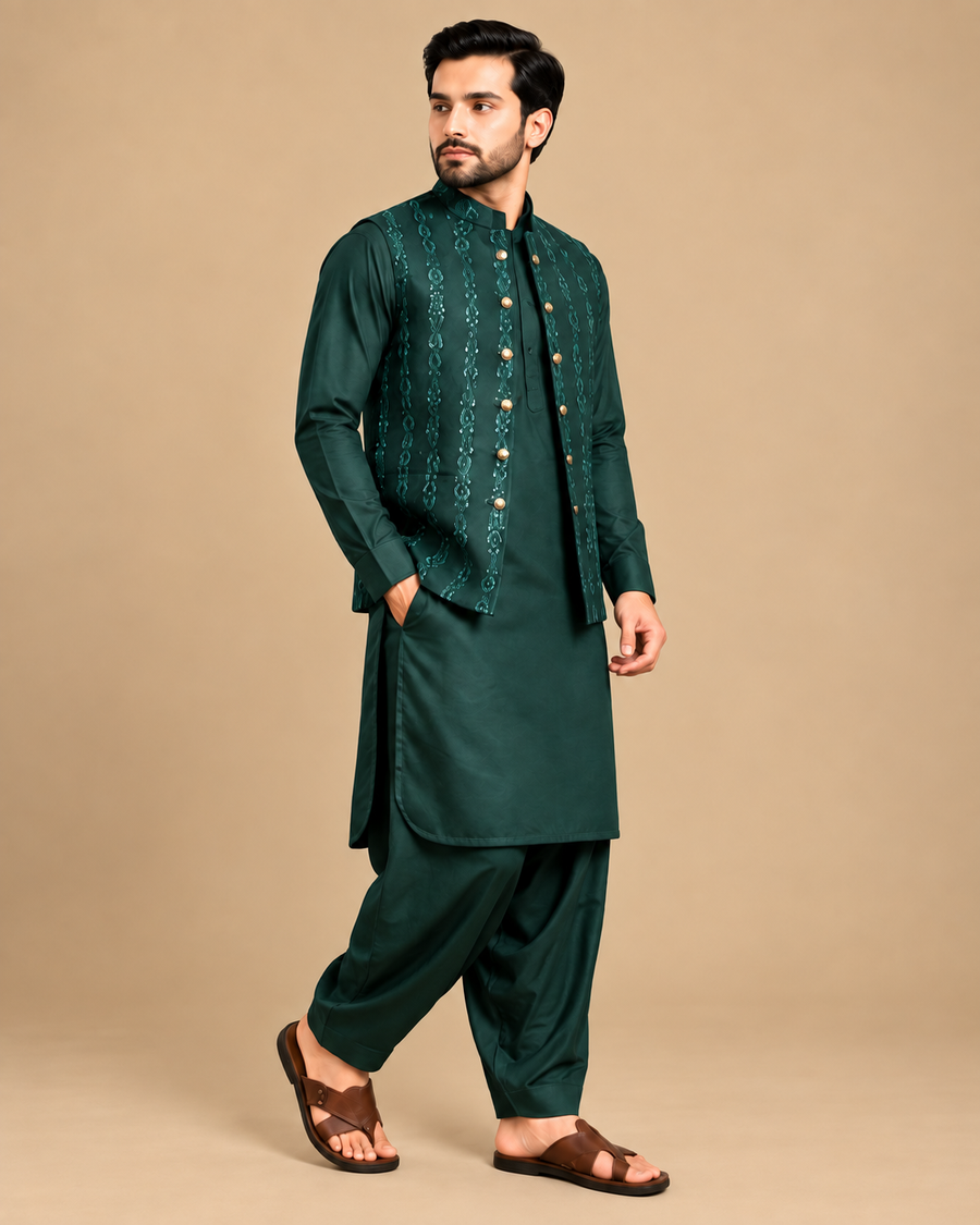 DARK GREEN SEQUIN WAISTCOAT