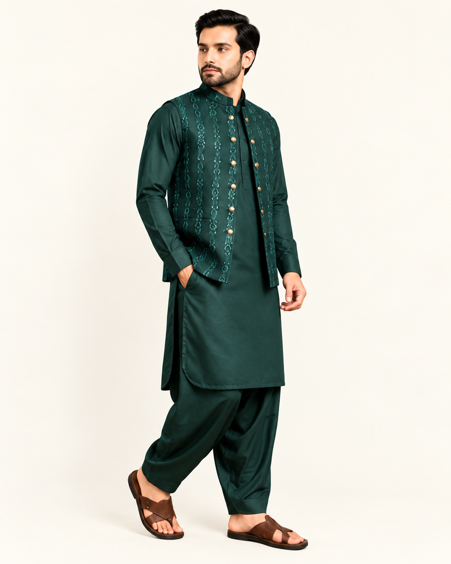 DARK GREEN SEQUIN WAISTCOAT